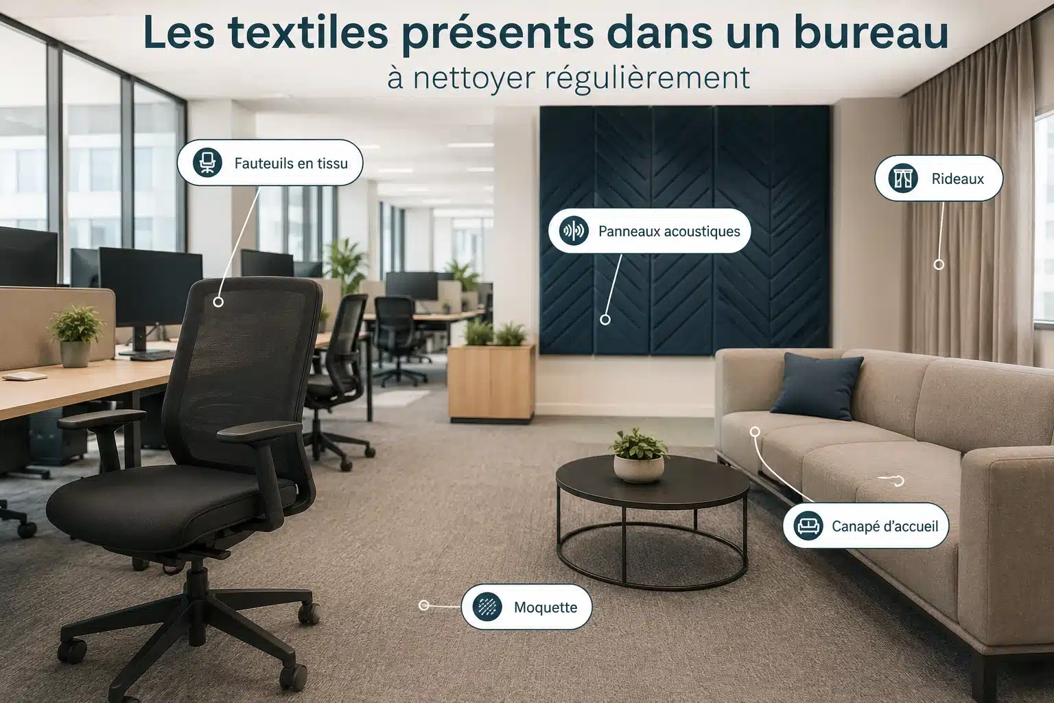 Textiles de bureau à nettoyer : fauteuils, cloisons, rideaux et moquettes