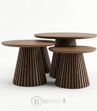 Trio de tables basses rondes effet bois pour salon et espace d’accueil