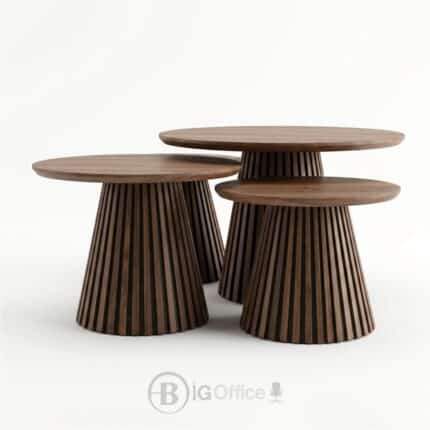 Trio de tables basses rondes effet bois pour salon et espace d’accueil
