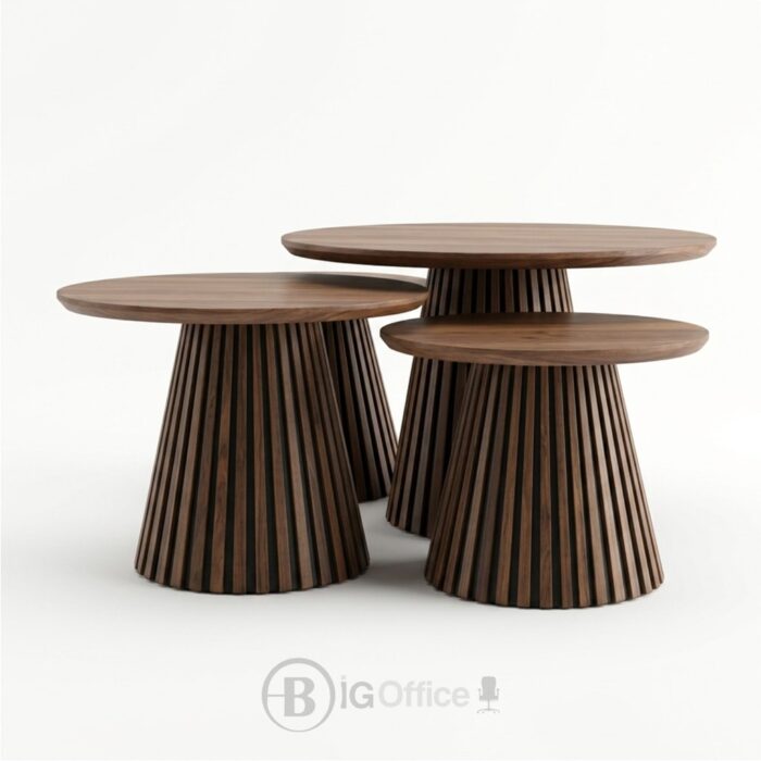 Trio de tables basses rondes effet bois pour salon et espace d’accueil