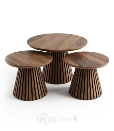 Set de 3 tables basses rondes effet bois, idéal pour salon, bureau ou espace d’accueil professionnel.
