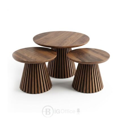 Set de 3 tables basses rondes effet bois, idéal pour salon, bureau ou espace d’accueil professionnel.