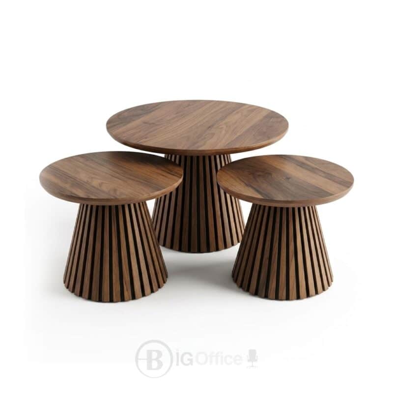 Set de 3 tables basses rondes effet bois, idéal pour salon, bureau ou espace d’accueil professionnel.
