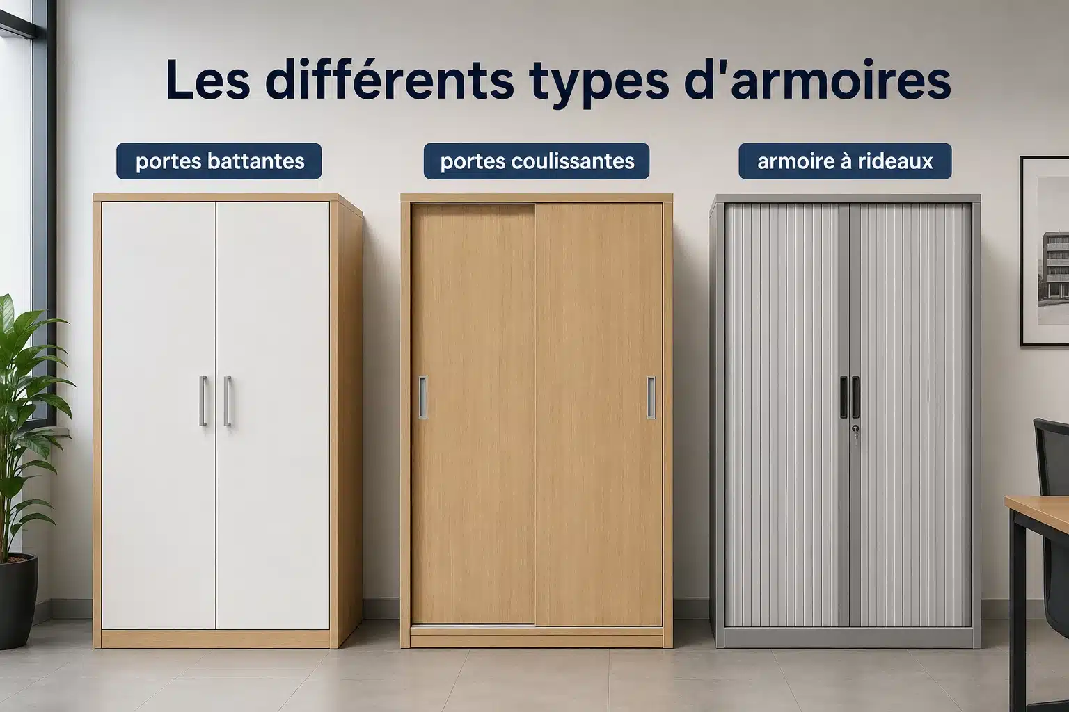 Différents types d'armoires de bureau : portes battantes, coulissantes et à rideaux