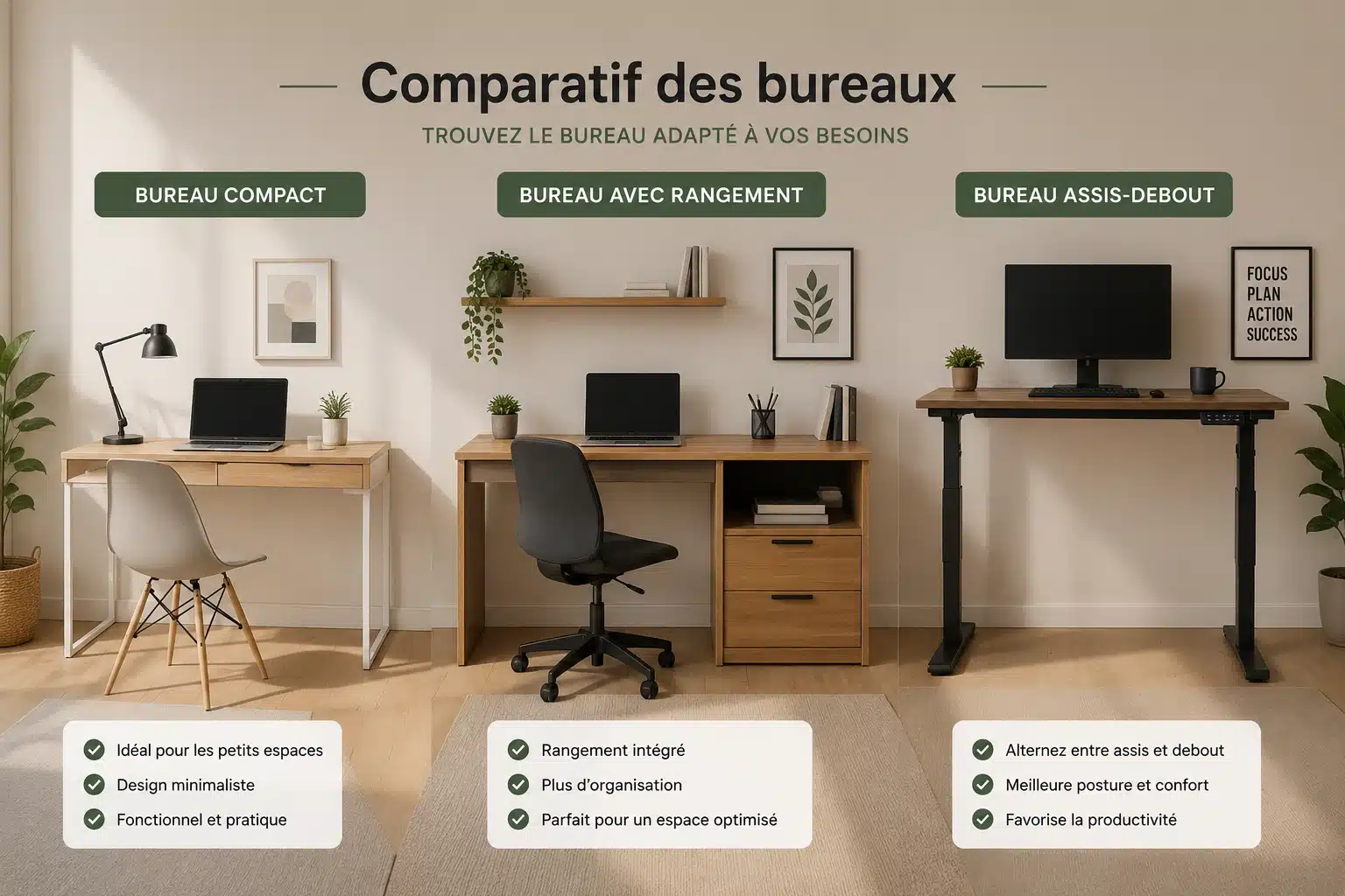 Différents types de bureaux à domicile : compact, d'angle et assis-debout