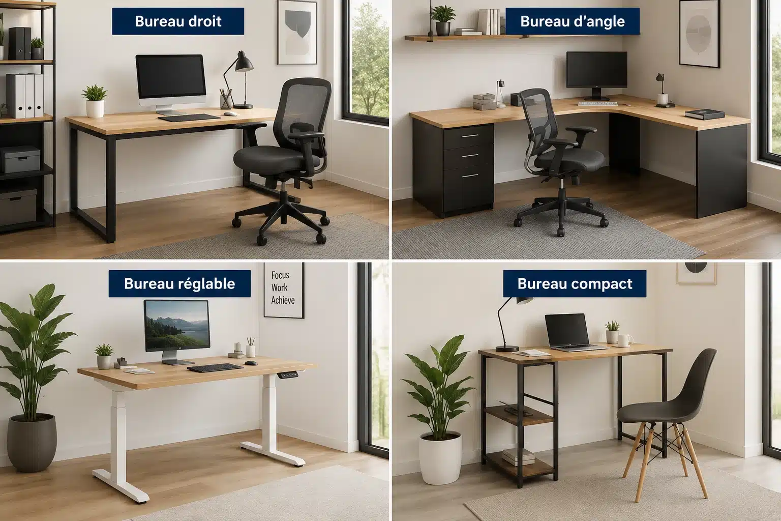 Différents types de bureaux de travail : individuel, d'angle, de direction et compact