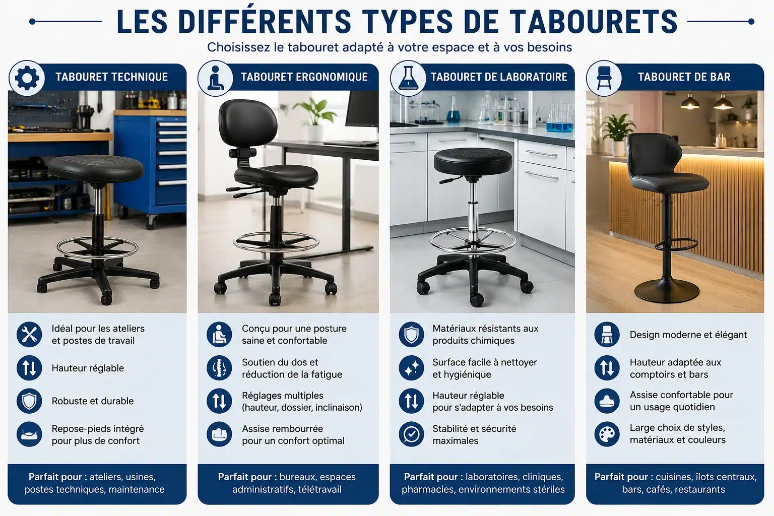 Différents types de tabourets professionnels et domestiques présentés côte à côte