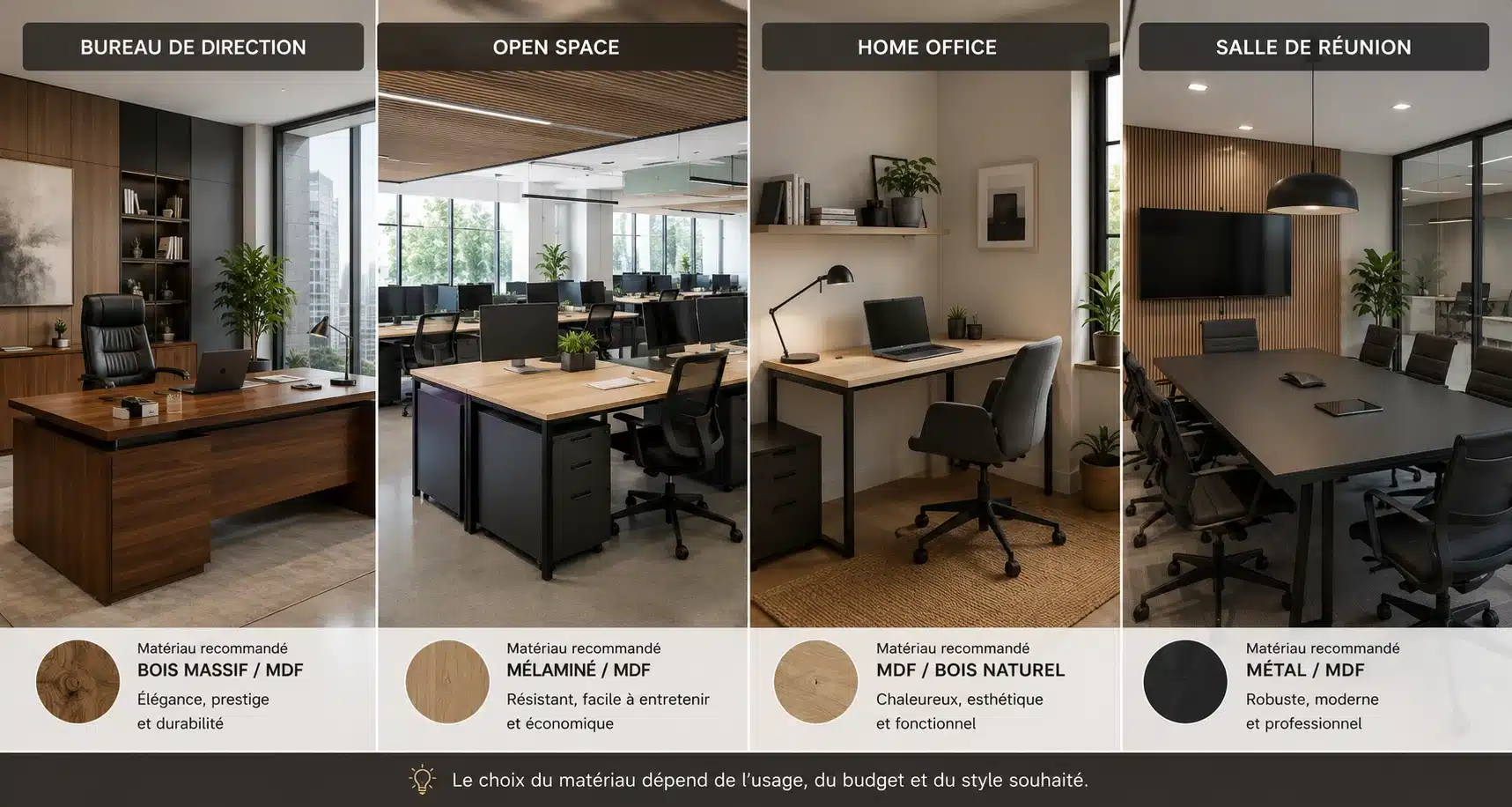 Types de meubles de bureau au Maroc : bureau de direction, poste opérateur, table de réunion et rangements